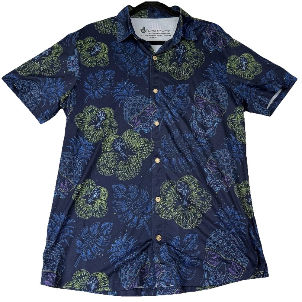 Castaway Casual Polo Shirt Mens S Blue Skulls Button Up Performance Stretch